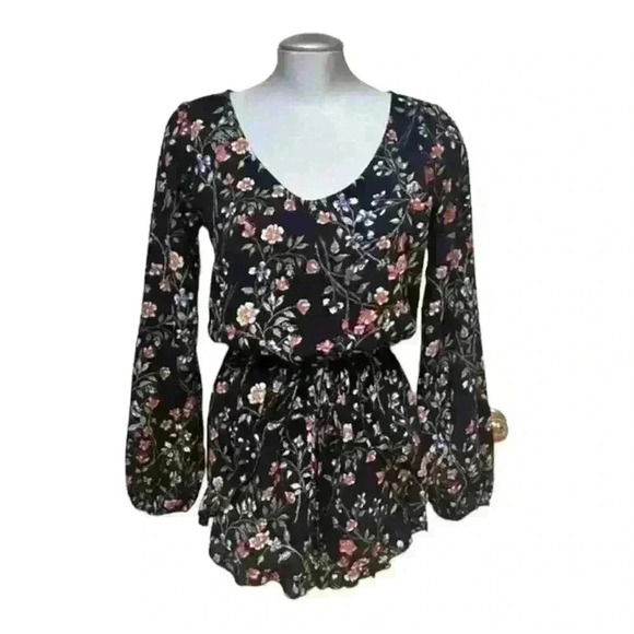 Abercrombie & Fitch Romper Floral Long Sleeve  Cinch Waist Black - Picture 1 of 12